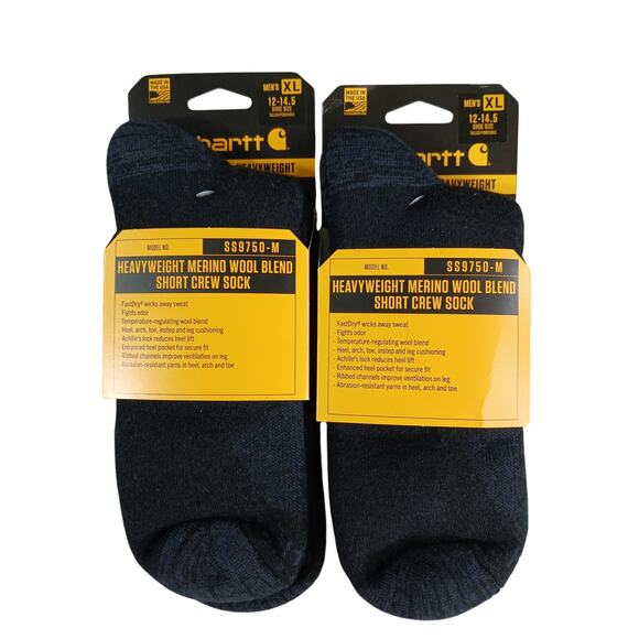 Carhartt Socks 2-PACK Merino Wool Mens XL (12-14.5) Black Short Crew Boots NWT - Picture 1 of 3